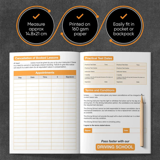 Driving school lesson planner with appointment and test date tracking, ideal for ADI Part 3 training.