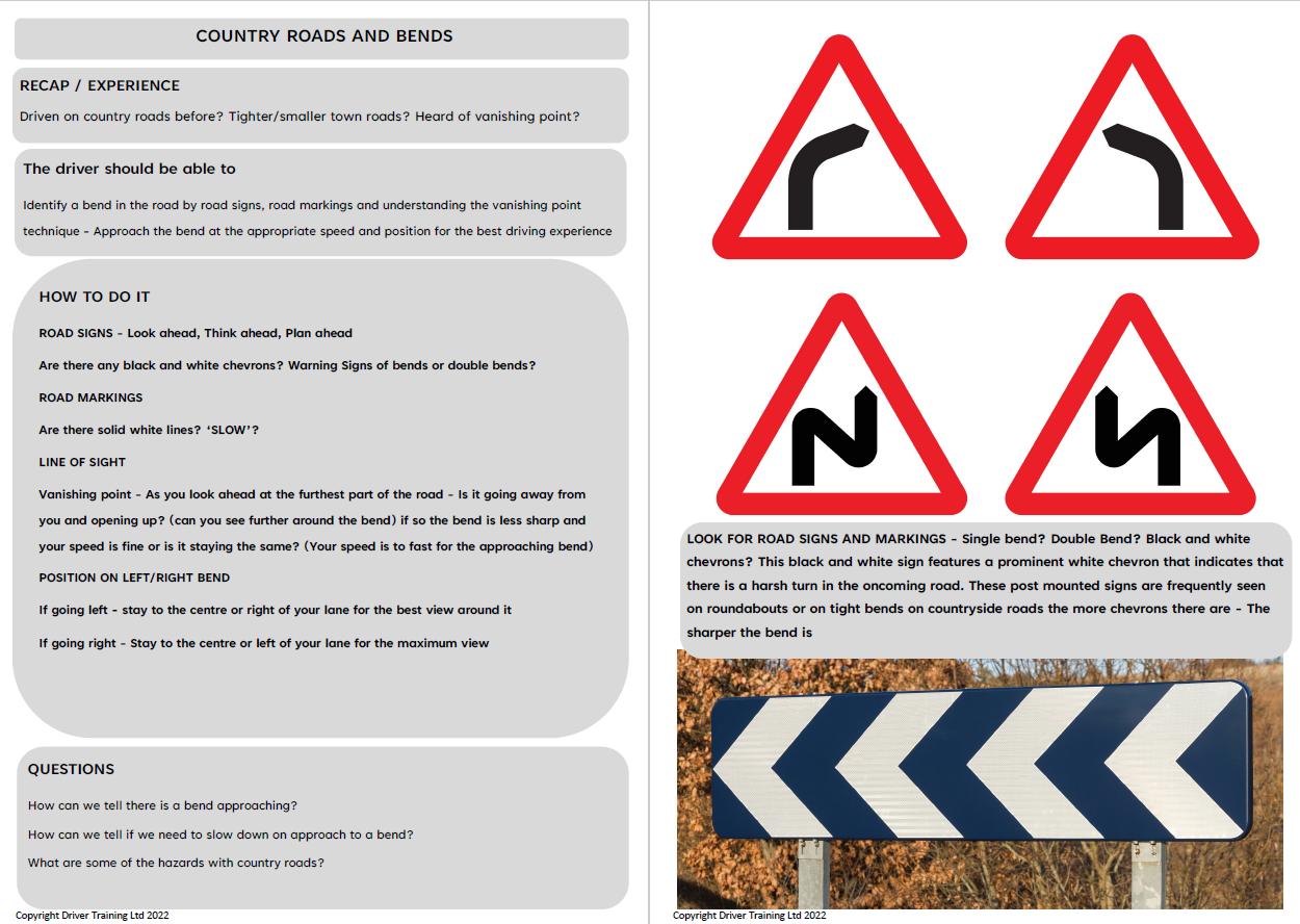 teaching country roads and bends, ADI Standards check Country Roads And Bends, ADI Part 3 Country Roads And Bends