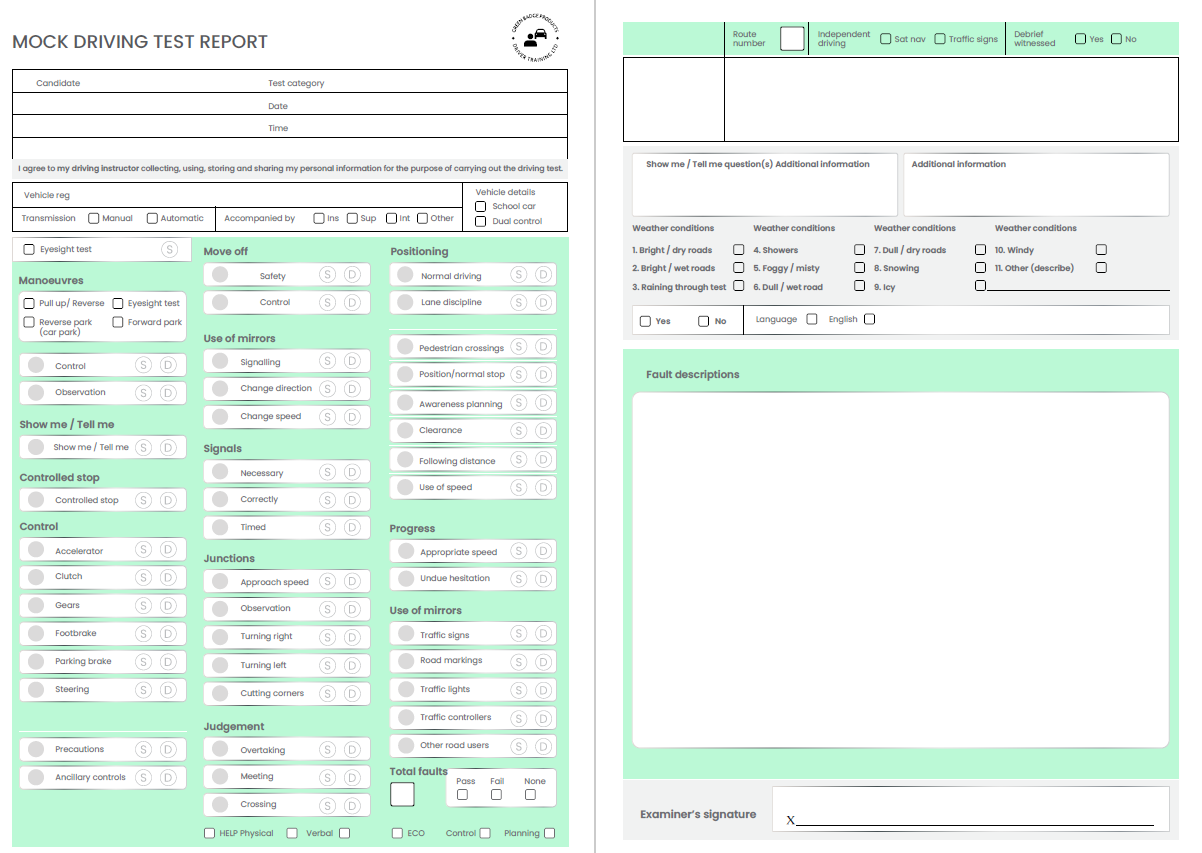 Mock Test Sheets For Driving Schools and Driving Instructors - Driver Training Ltd