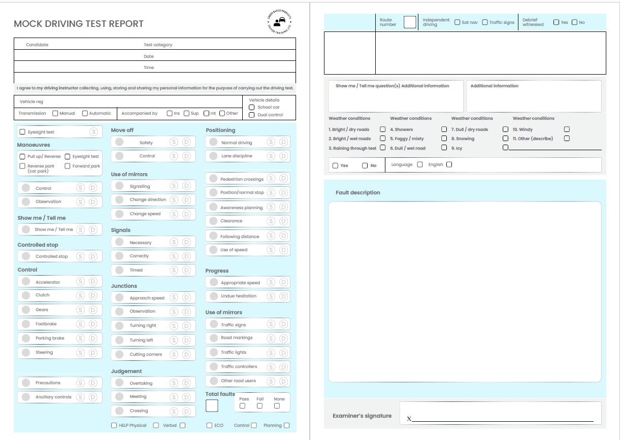 driving lesson mock test sheets