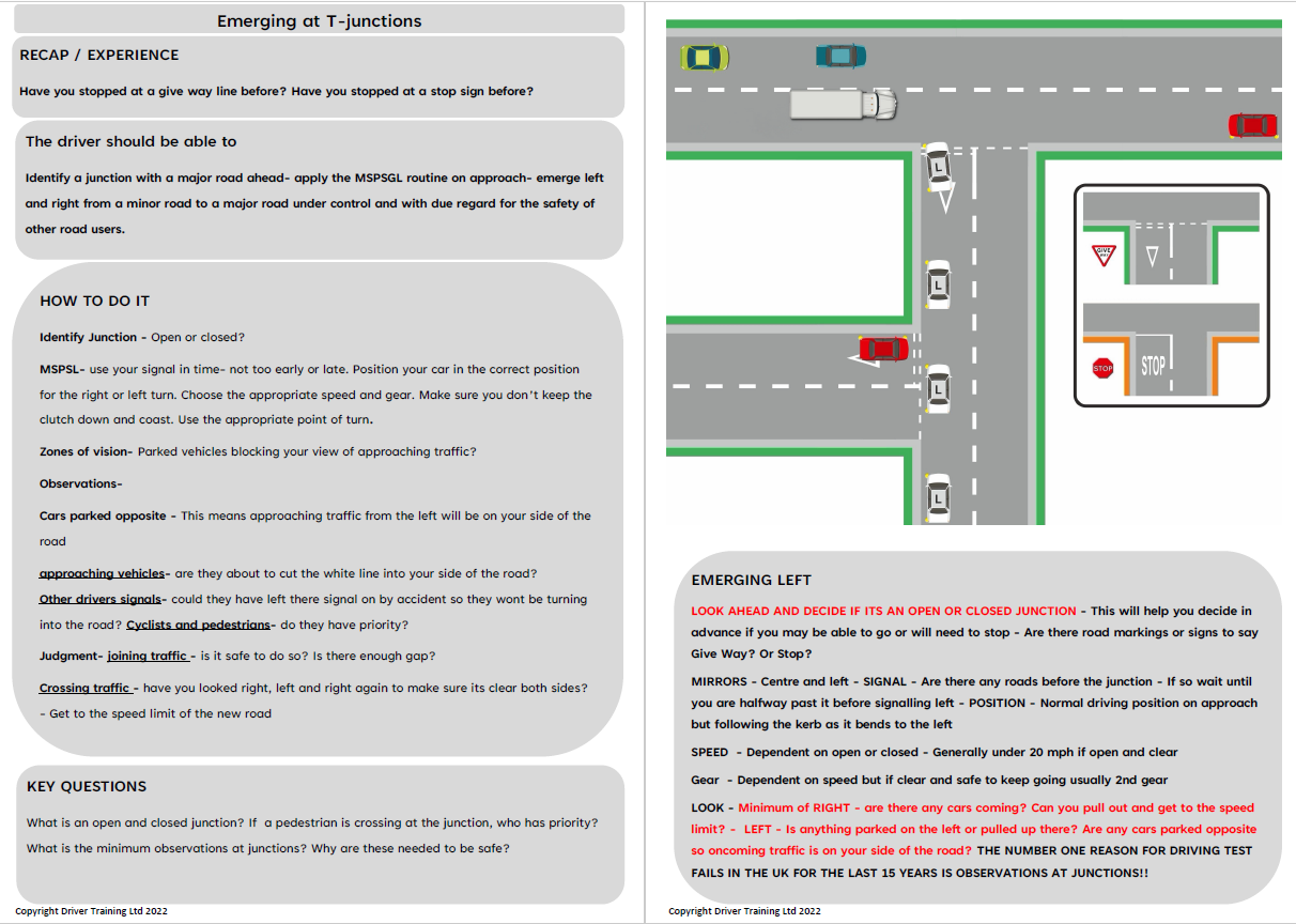 ADI Part 3 Junctions, Turning Emerging, Driving instructor lesson Plans - Driver Training Ltd