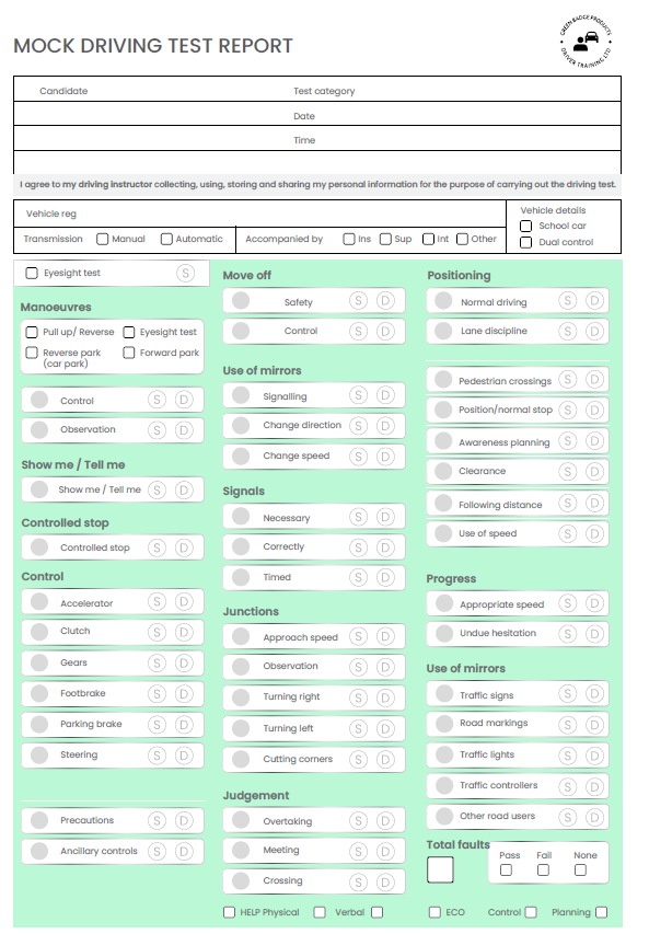 Mock Driving Test Sheets For Driving Schools and Driving Instructors - Driver Training Ltd