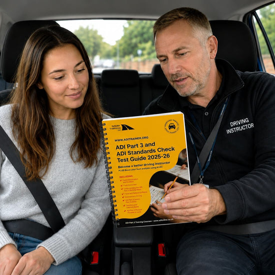 Driving instructor and learner reviewing ADI Part 3 test guide in car