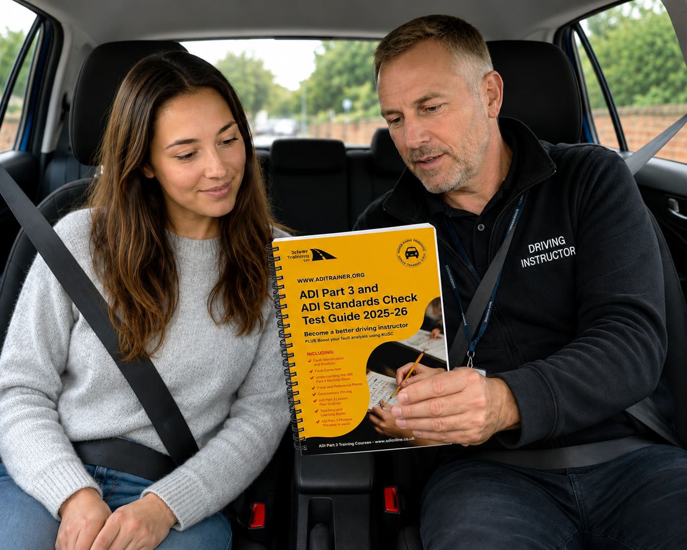 Driving instructor and learner reviewing ADI Part 3 test guide in car