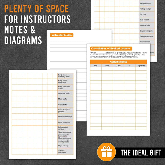 Driving instructor lesson planning sheets with space for notes, diagrams, and appointment tracking, ideal for ADI Part 3 training.