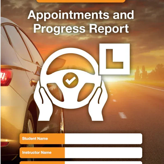 Driving school appointments and progress report form with steering wheel and L plate design