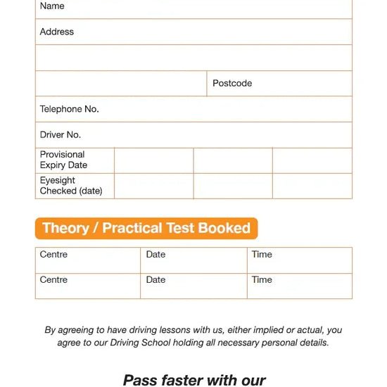 Driving school form for personal details and test booking to pass ADI exams faster