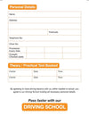 Driving school form for personal details and test booking to pass ADI exams faster