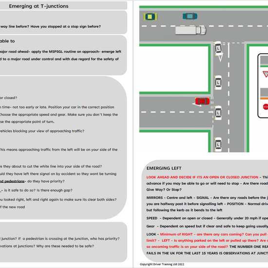 ADI Part 3 Junctions, Turning Emerging, Driving instructor lesson Plans - Driver Training Ltd