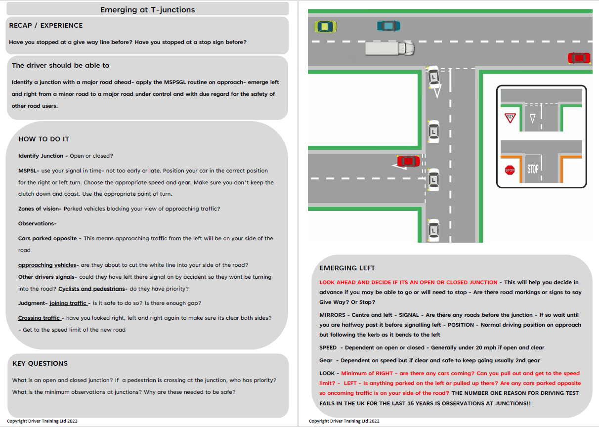 Driving Lesson Plan Pdf ADI Part 3 Junctions, Turning Emerging, Driving instructor lesson Plan ...