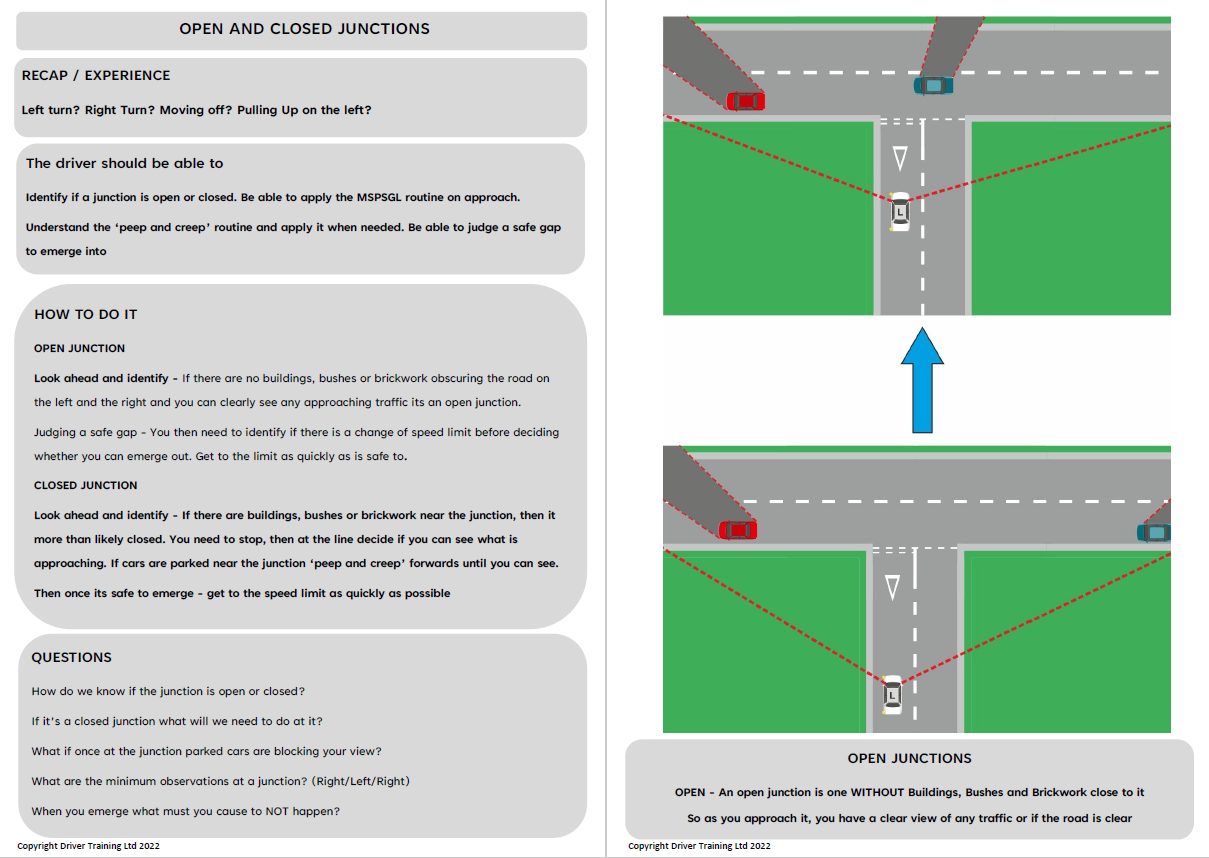 ADI Part 3 Junctions, Turning Emerging, Driving instructor lesson Plans - Driver Training Ltd