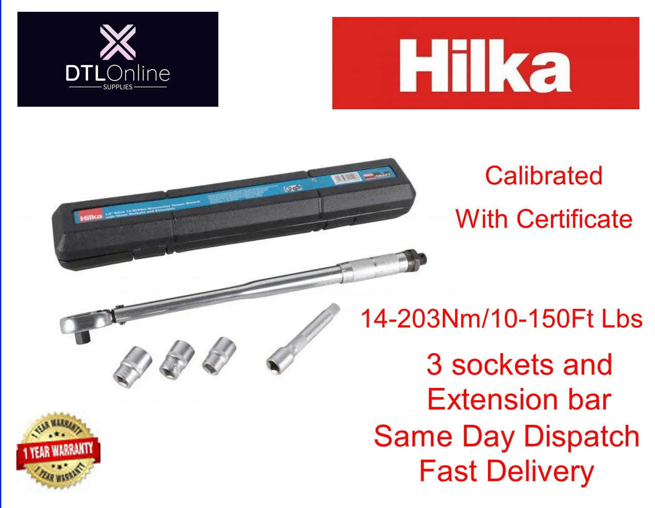 Hilka Torque Wrench with extension bar and 3 sockets